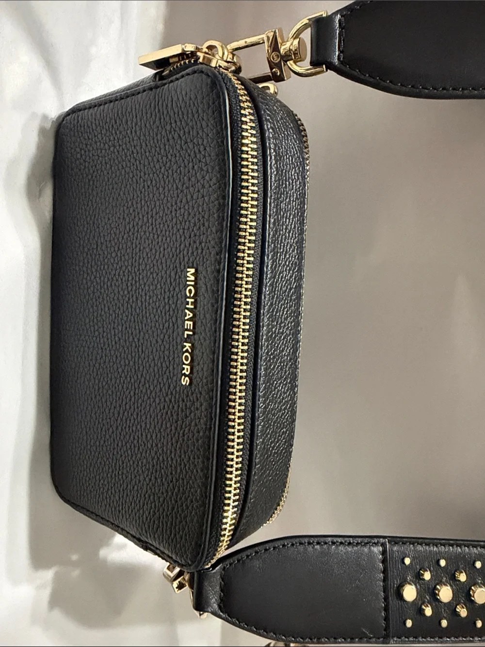 Michael Kors Black Pebbled Leather Crossbody Camera Bag with Gold Stud Strap
